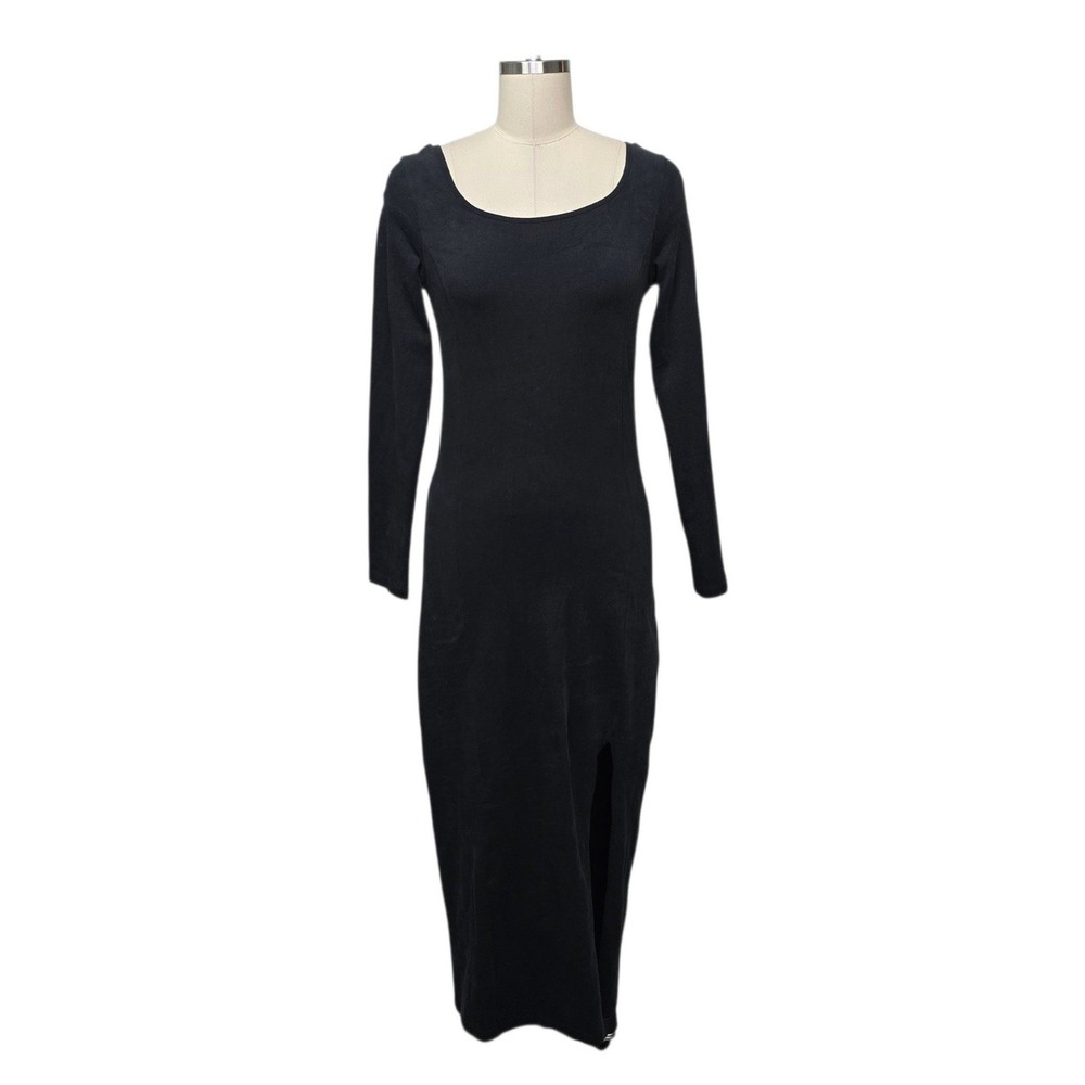 Nation LTD Black Pima Cotton Scoop Neck Long Sleeve Side Slit Maxi Dress Small